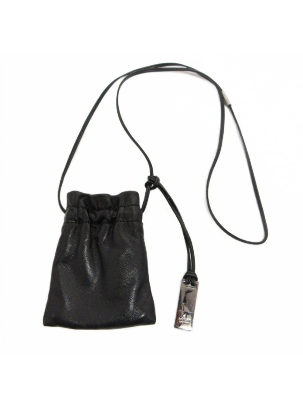 Gucci Neck Mini Pochette Mini Pouch Shoulder Bag Drawstring Leather Plate Black